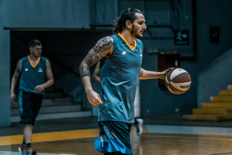 a man dribbling a basketball on a court, a portrait, by Carlo Martini, dribble contest winner, michel - ange 8 k, profile image, tattooed, frank dillane