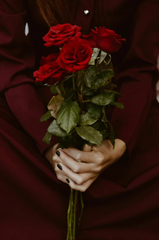 a woman holding a bunch of red roses, inspired by Elsa Bleda, wearing a luxurious velvet robe, slightly minimal, 👅 👅, dark and muted colors