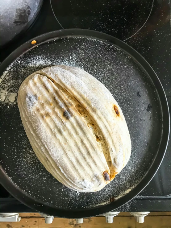 a pan filled with a loaf of bread sitting on top of a stove, panini, turned back to camera, 💣 💥, smooth oval head