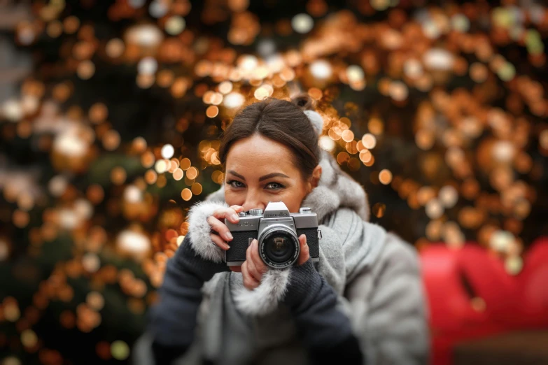 a woman holding a camera in front of a christmas tree, pexels contest winner, realism, amazing beauty, medium format, looking at you, bokeh ”