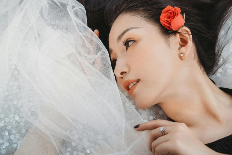 a woman laying on top of a bed covered in a veil, inspired by Wen Jia, trending on unsplash, romanticism, photoshoot for skincare brand, high angle closeup portrait, half-turned lady in evening gown, shunga style