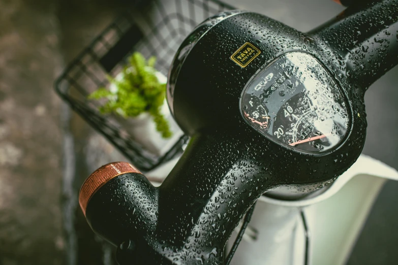 a close up of a handlebar on a motor scooter, pexels contest winner, private press, watering can, black textured, dials, painted black