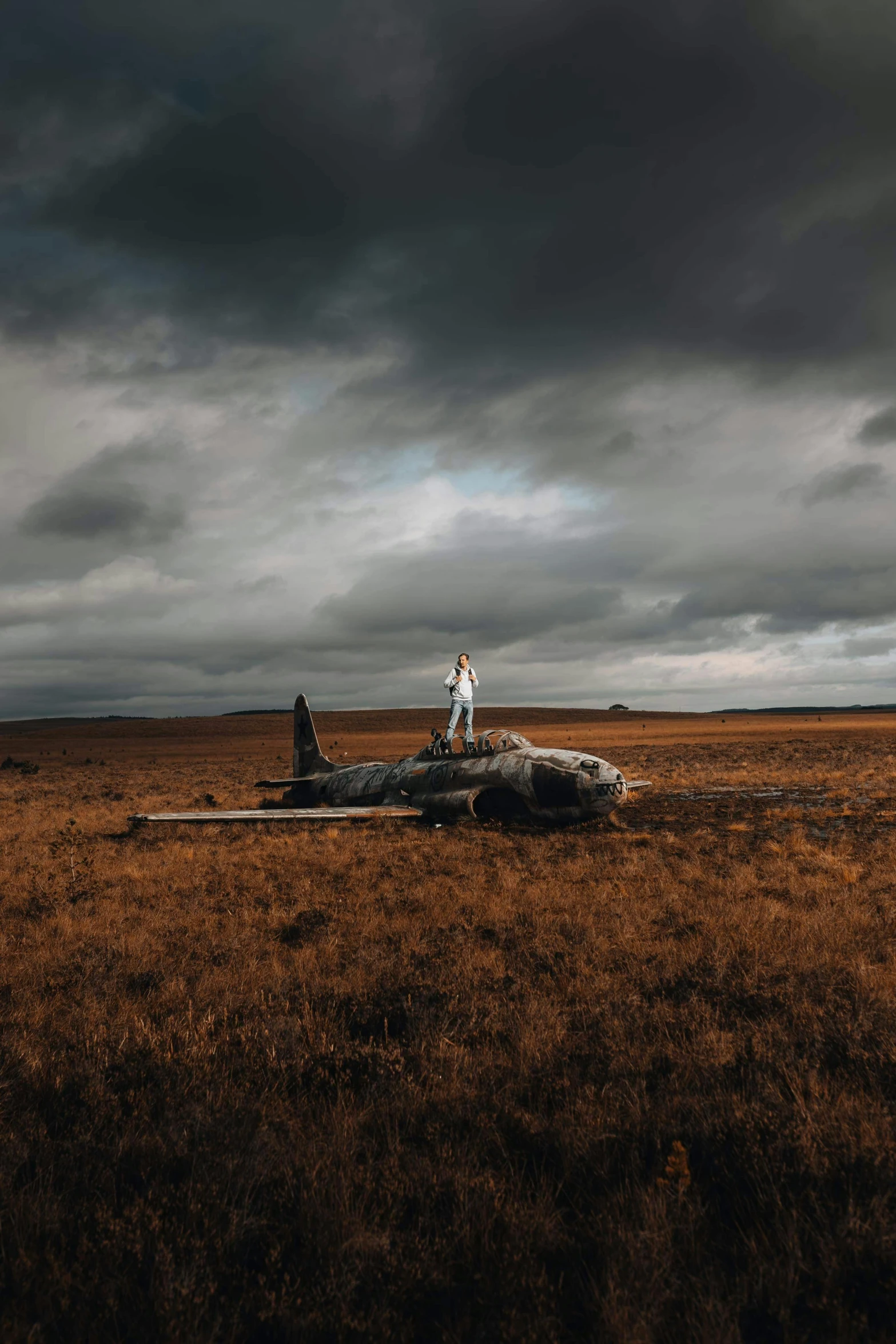 a person standing on a log in a field, an album cover, by Jesper Knudsen, unsplash contest winner, surrealism, fighter jet, some rust, iceland, under a dark cloudy sky