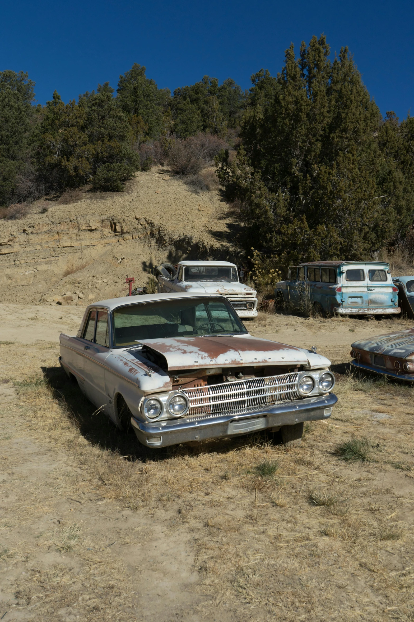 a bunch of old cars that are sitting in the dirt, in the hillside, wind river valley, standing in front of lowrider, high cheek bones