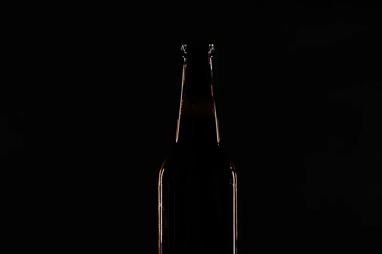 a bottle of beer sitting on top of a table, by Attila Meszlenyi, unsplash, conceptual art, solid black background, octane render - n 9, brown, thumbnail