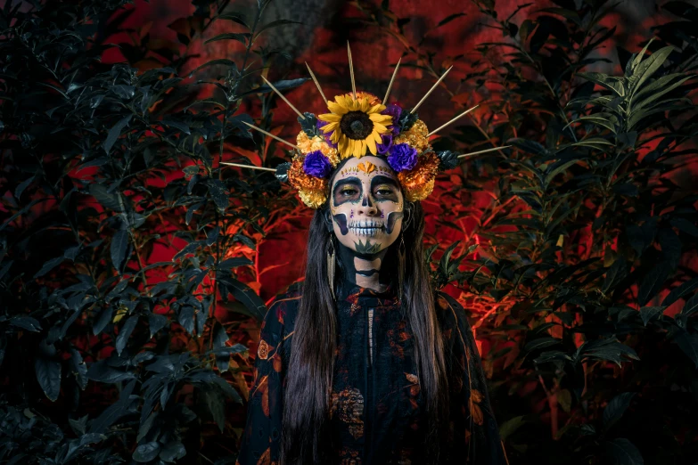 a woman dressed as a skeleton with sunflowers on her head, pexels contest winner, lowbrow, orange halo around her head, avatar image, full shot photo, promotional image