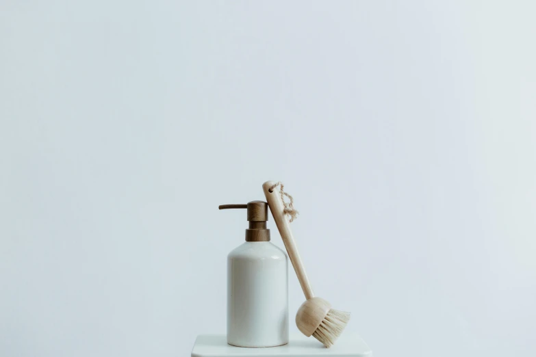 a bottle of lotion next to a wooden brush, unsplash, minimalism, watering can, tabletop model, domestic, white