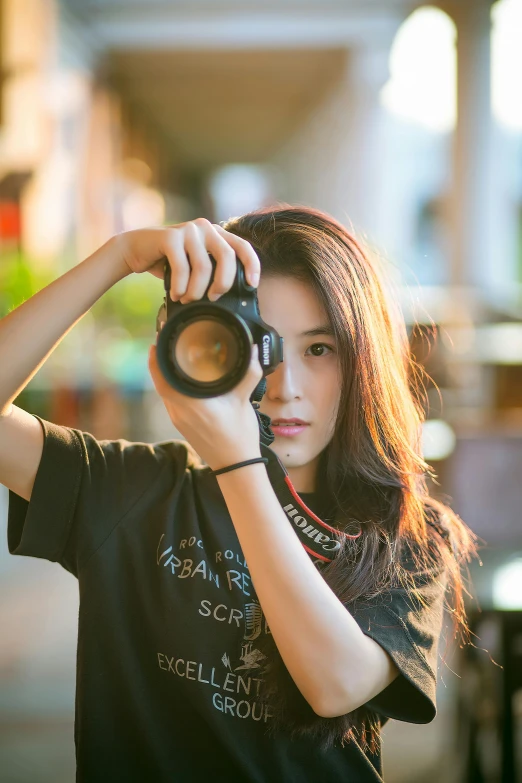 a woman taking a picture with a camera, by Raymond Han, upper body face shot, asian girl, high-quality dslr photo”