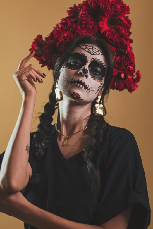 a woman in a day of the dead costume, inspired by Frida Kahlo, pexels contest winner, hear no evil, black roses, promo image, holiday