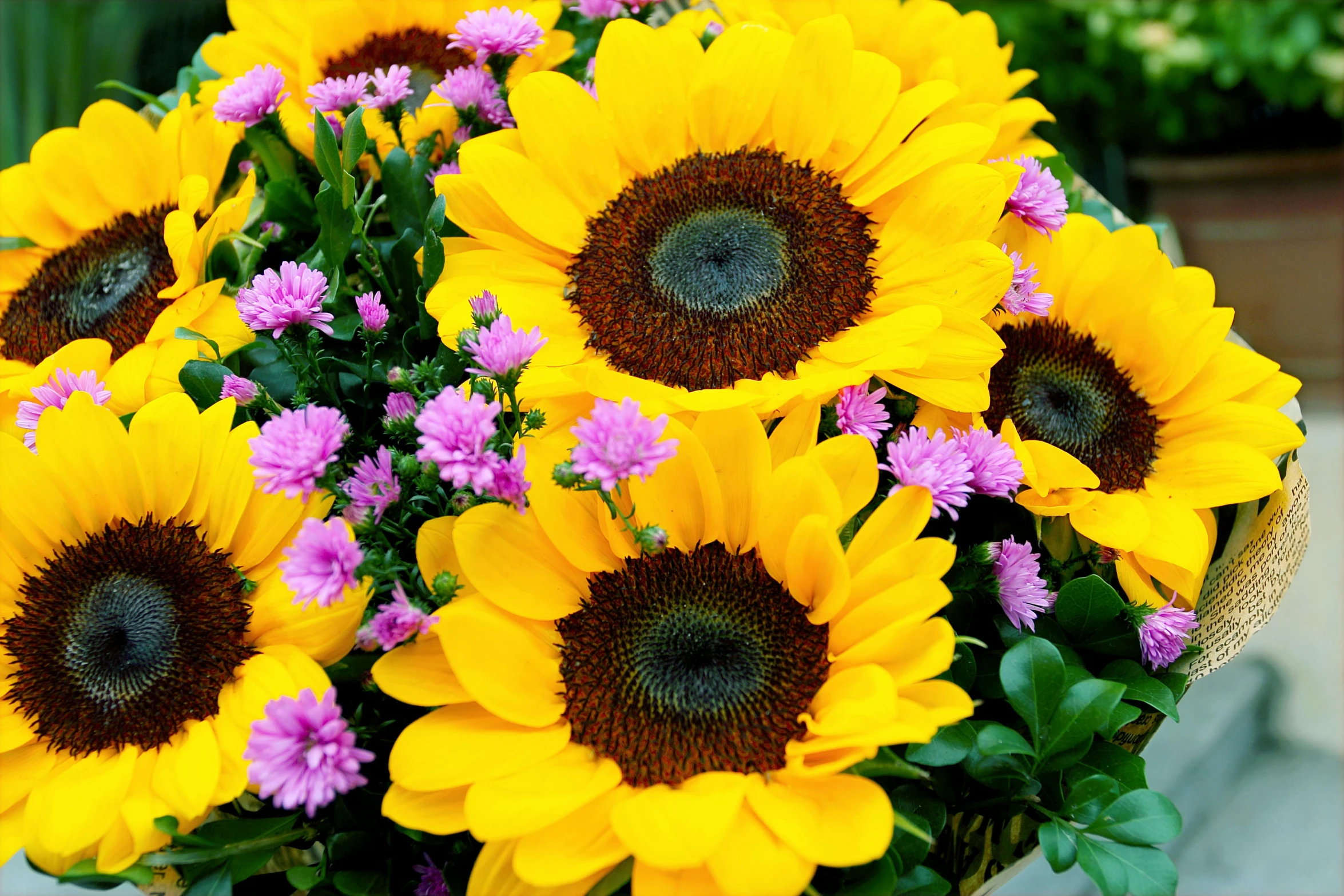 a vase filled with yellow sunflowers and purple flowers, zoomed in, attractive features, on a sunny day, fan favorite