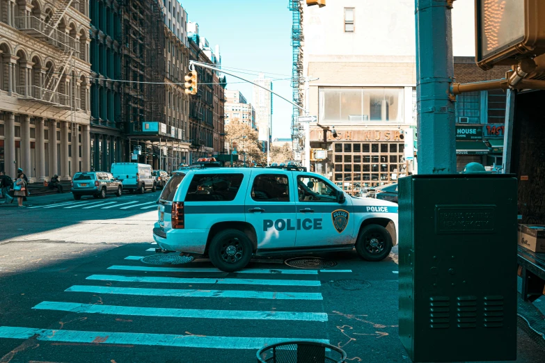 a police car parked on the side of a street, by Carey Morris, pexels, street of new york, 🚿🗝📝, worksafe. instagram photo, gaming