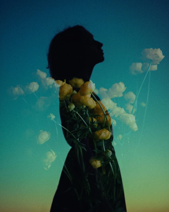 a silhouette of a woman with flowers in her hair, an album cover, inspired by Elsa Bleda, unsplash, girl clouds, holding flowers, expired color film, silhouette :7