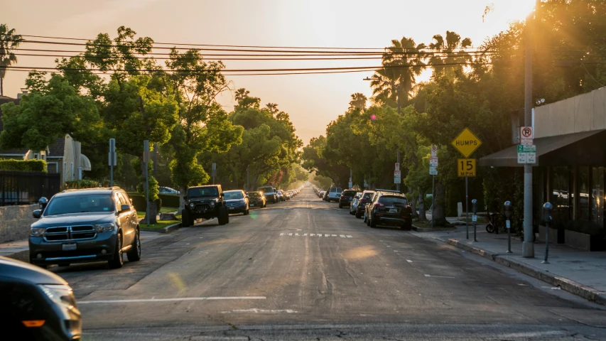 a street filled with lots of cars driving down it, a picture, by Carey Morris, unsplash, tree-lined path at sunset, southern california, standing in township street, profile image