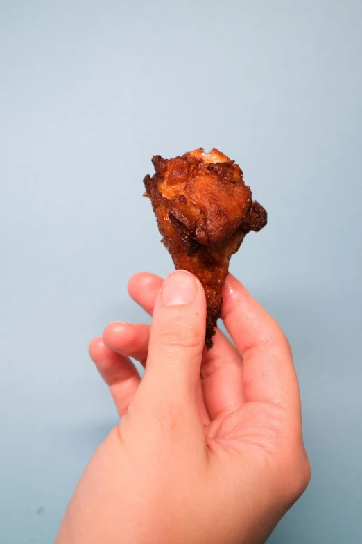 a person holding a piece of food in their hand, fried chicken, profile image, with a blue background, skewer