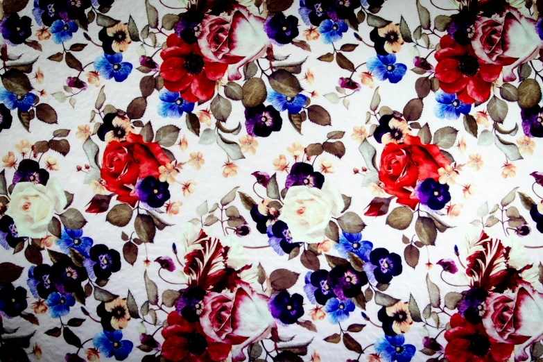 a floral wallpaper with red, white, and blue flowers, an album cover, unsplash, high quality fabrics textiles, chiffon, red and purple, multi-part