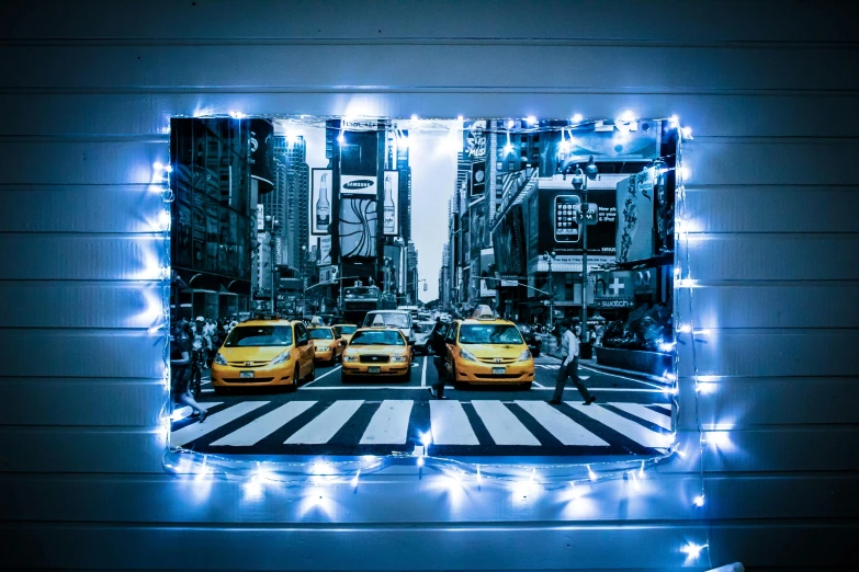 a group of taxi cabs on a city street, inspired by David LaChapelle, light box, fairy lights, 144x144 canvas, dramatic white and blue lighting