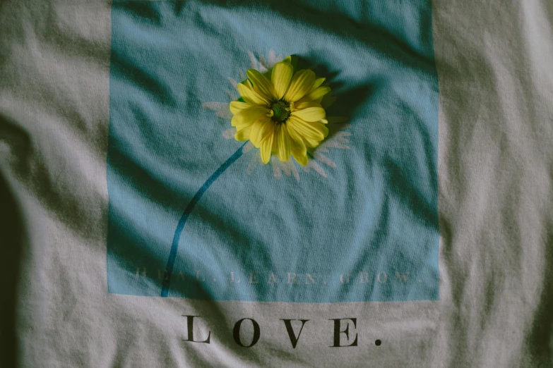 a t - shirt with a yellow flower on it, an album cover, unsplash contest winner, love craft, eleven/millie bobbie brown, love story, blue print