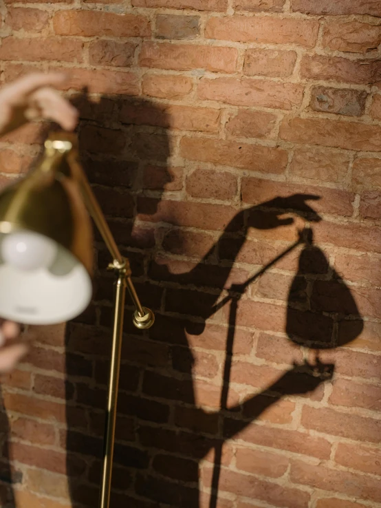 a person holding a lamp in front of a brick wall, shadow play, profile image