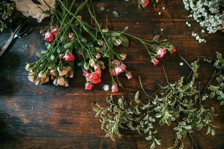 a bunch of flowers sitting on top of a wooden table, by Carey Morris, trending on unsplash, process art, dried vines, laying on roses, ingredients on the table, draped in pink and green robes