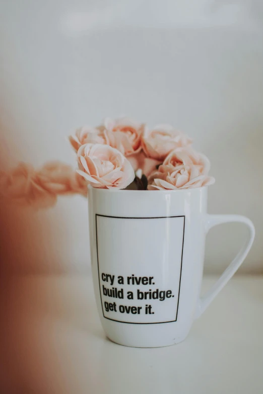 a white coffee cup with pink roses in it, by Chippy, pexels contest winner, broken bridges, saying, great river, mug shot