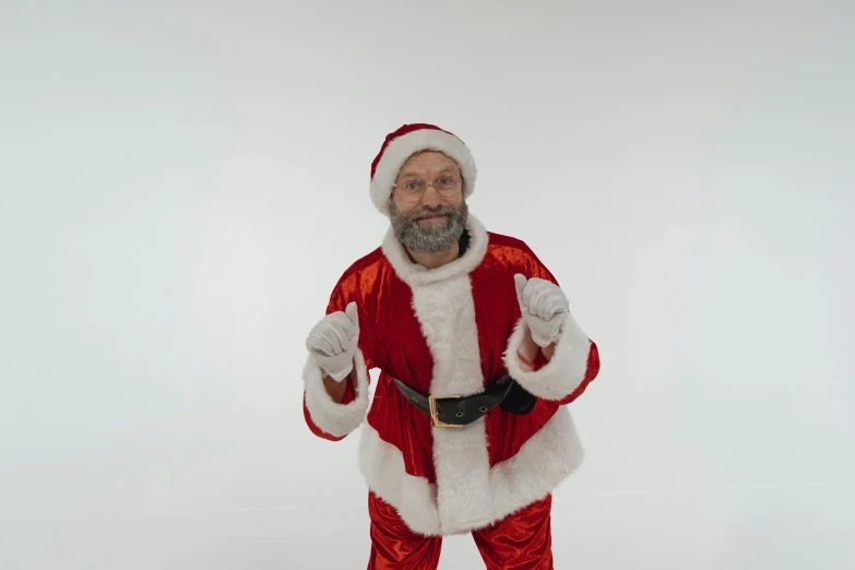 a man in a santa suit posing for a picture, a photo, pexels, hyperrealism, realistic footage, animation character, ad image, with index finger