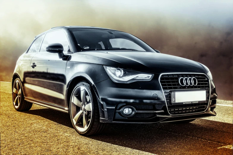 a black car parked on the side of a road, style of flavie audi, istock, square, front of car angle