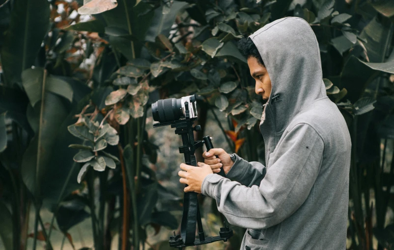 a man in a hoodie holding a camera, by Robbie Trevino, amidst nature, hasselblad photo, home video footage, tripod