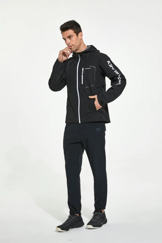 a man in a black jacket and pants, product image, wearing hoodie, nanquan, full body-n 9