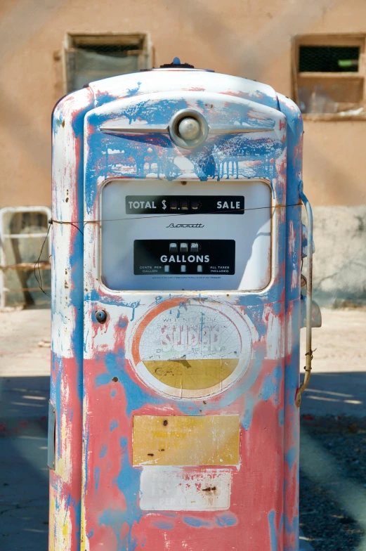 an old gas pump sitting on the side of a road, inspired by Wolf Vostell, multi - coloured, blue, square, arizona