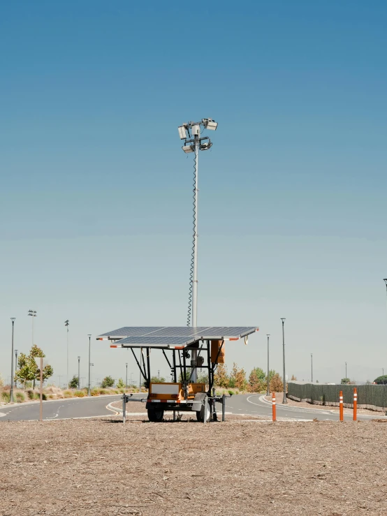 a golf cart parked on the side of a road, a portrait, by Dan Scott, happening, solar panels, searchlight, on a parking lot, arizona