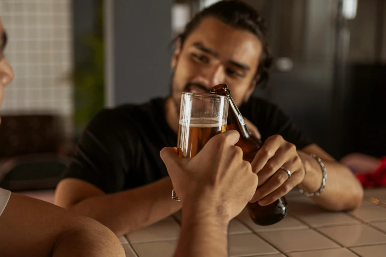 a man and a woman sitting at a table drinking beer, pexels contest winner, photorealism, aboriginal australian hipster, holding a crowbar, inside a beer glass, profile image