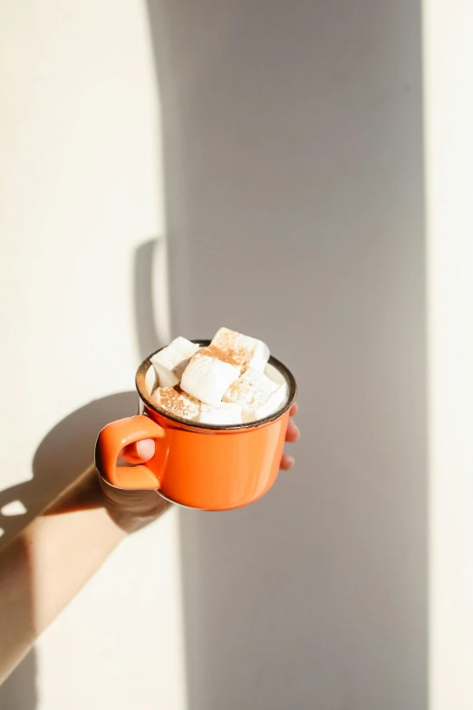 a person holding a cup of hot chocolate, orange tint, marshmallow, jen atkin, warm hue's