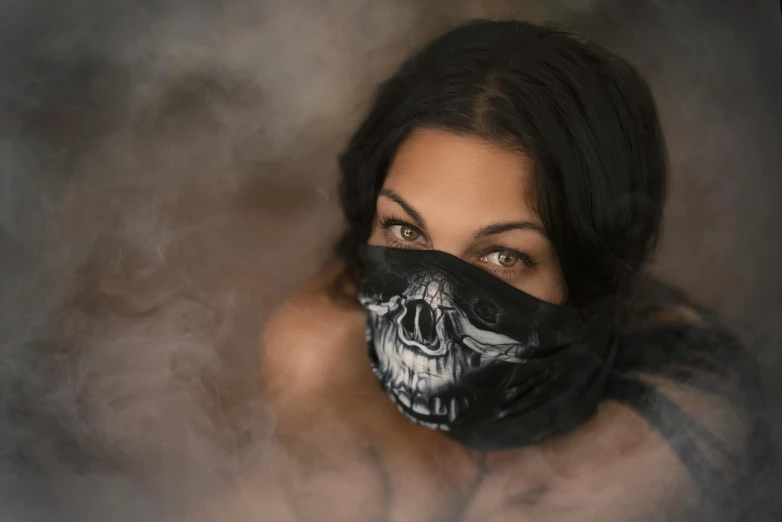 a woman wearing a mask with a skull on it, an airbrush painting, by Adam Marczyński, pexels contest winner, black bandana mask, (smoke), buff, jenna barton