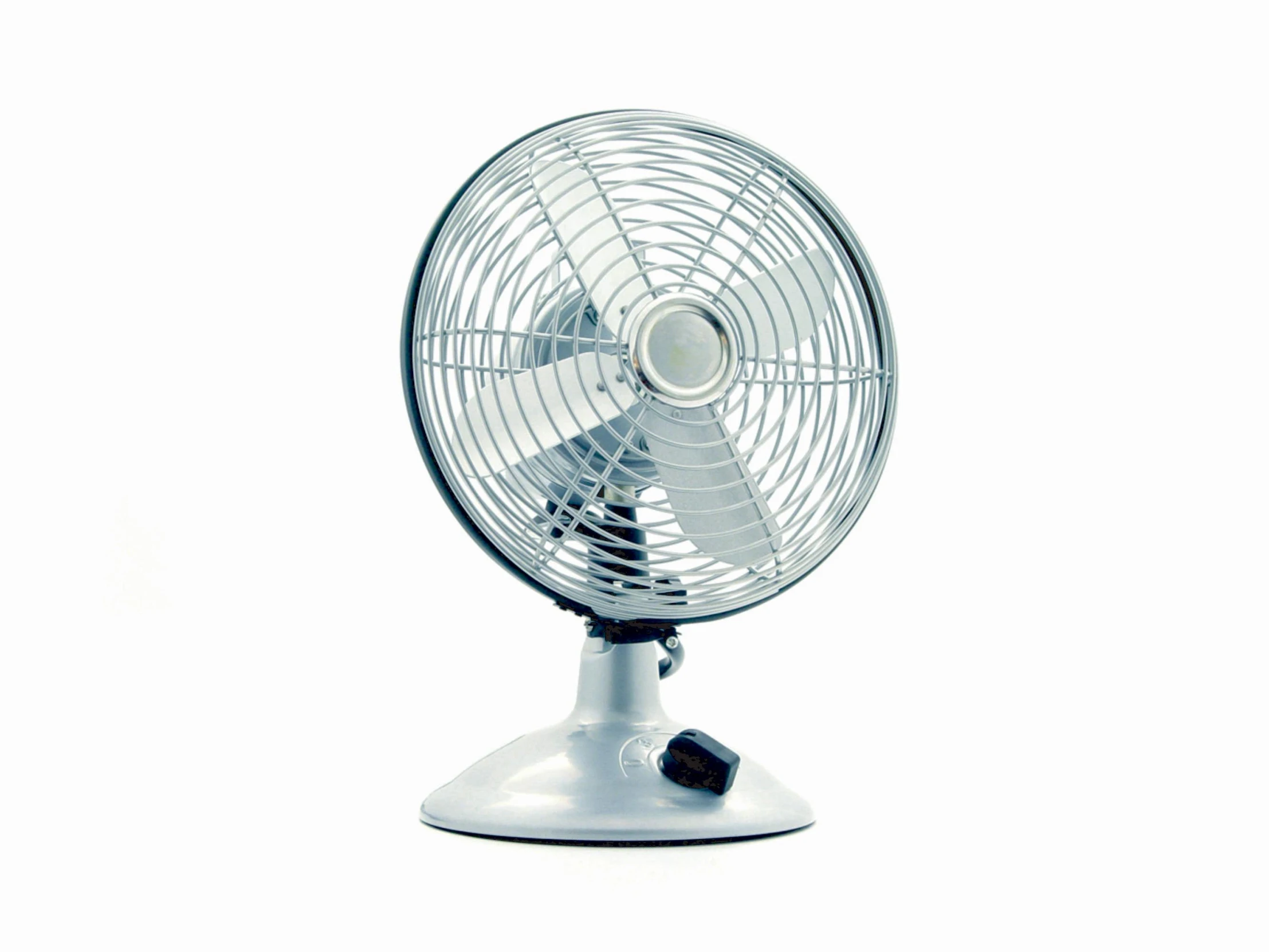 a white fan sitting on top of a metal stand, a colorized photo, unsplash, computer art, aluminum, hyperrealistic n- 4, grey, sparky