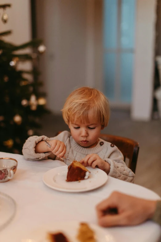 a little boy sitting at a table eating cake, pexels, christmas, profile image, digital image, brown