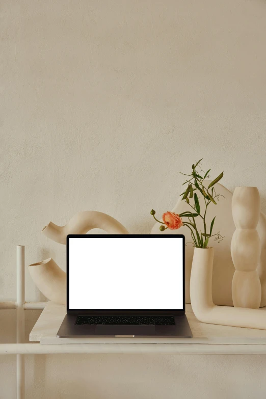 a laptop computer sitting on top of a white table, by Carey Morris, postminimalism, vase with flowers, lounge background, terracotta, smooth intricate