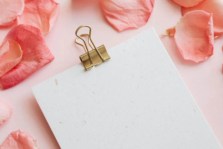 a piece of paper sitting on top of a pile of rose petals, trending on pexels, postminimalism, made of paperclips, golden accessories, background image, pink flowers