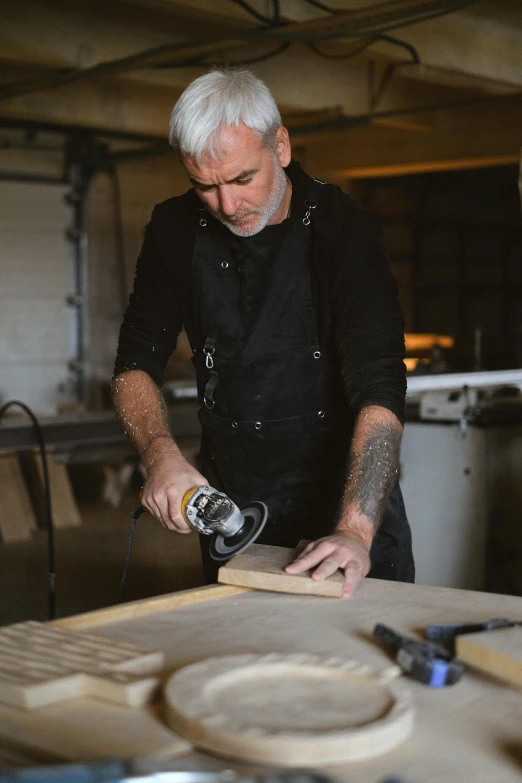 a man is working on a piece of wood, inspired by Peter Madsen, deus ex machina, profile image, domestic, plating