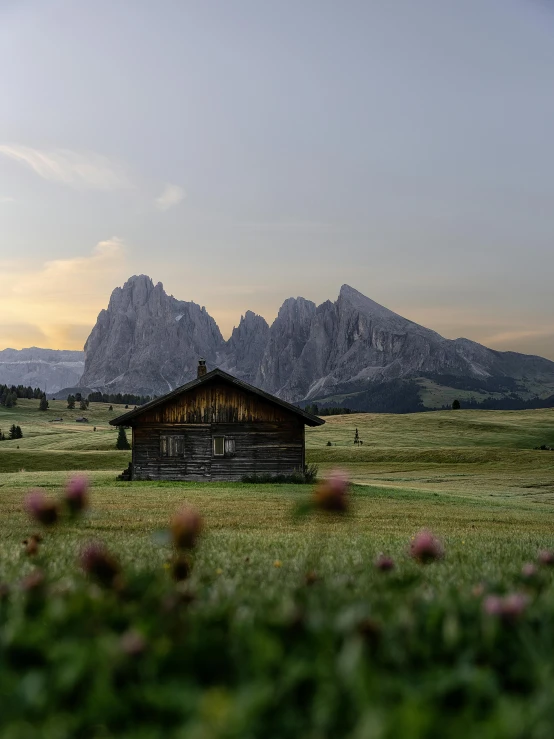 a small cabin sitting on top of a lush green field, by Sebastian Spreng, pexels contest winner, renaissance, dolomites in the background, pink golden hour, grey, medium format. soft light