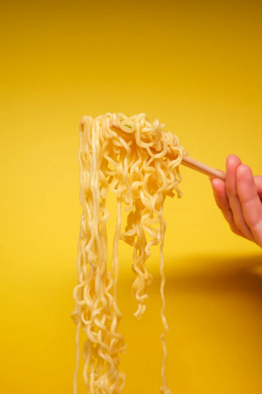 a person holding a pair of chopsticks over a bowl of noodles, an album cover, yellow backdrop, slurping spaghetti, close-up photograph, gif