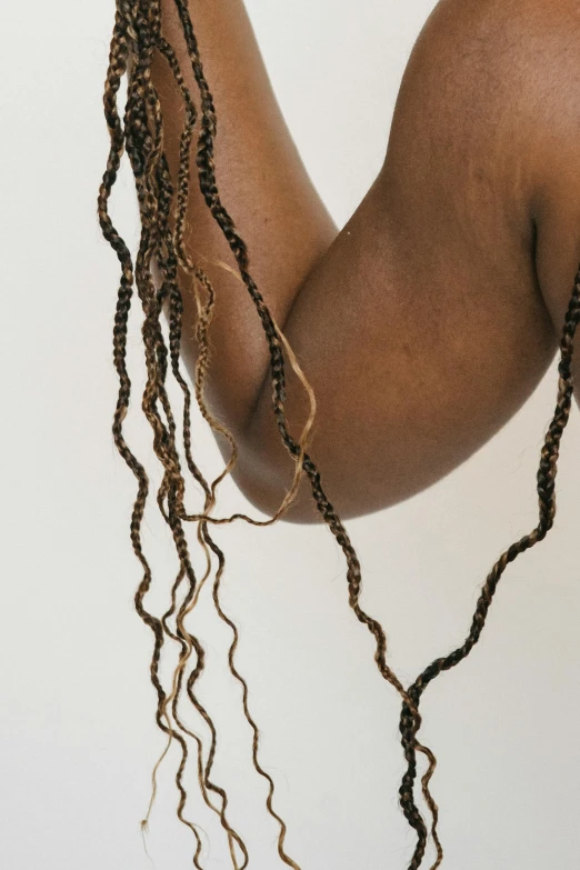 a close up of a person with long hair, by Nina Hamnett, roots dangling below, natural complexion, scaled arm, light brown skin