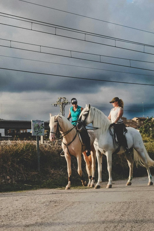 a couple of people riding on the backs of horses, trending on unsplash, puerto rico, walking through a suburb, spain, square