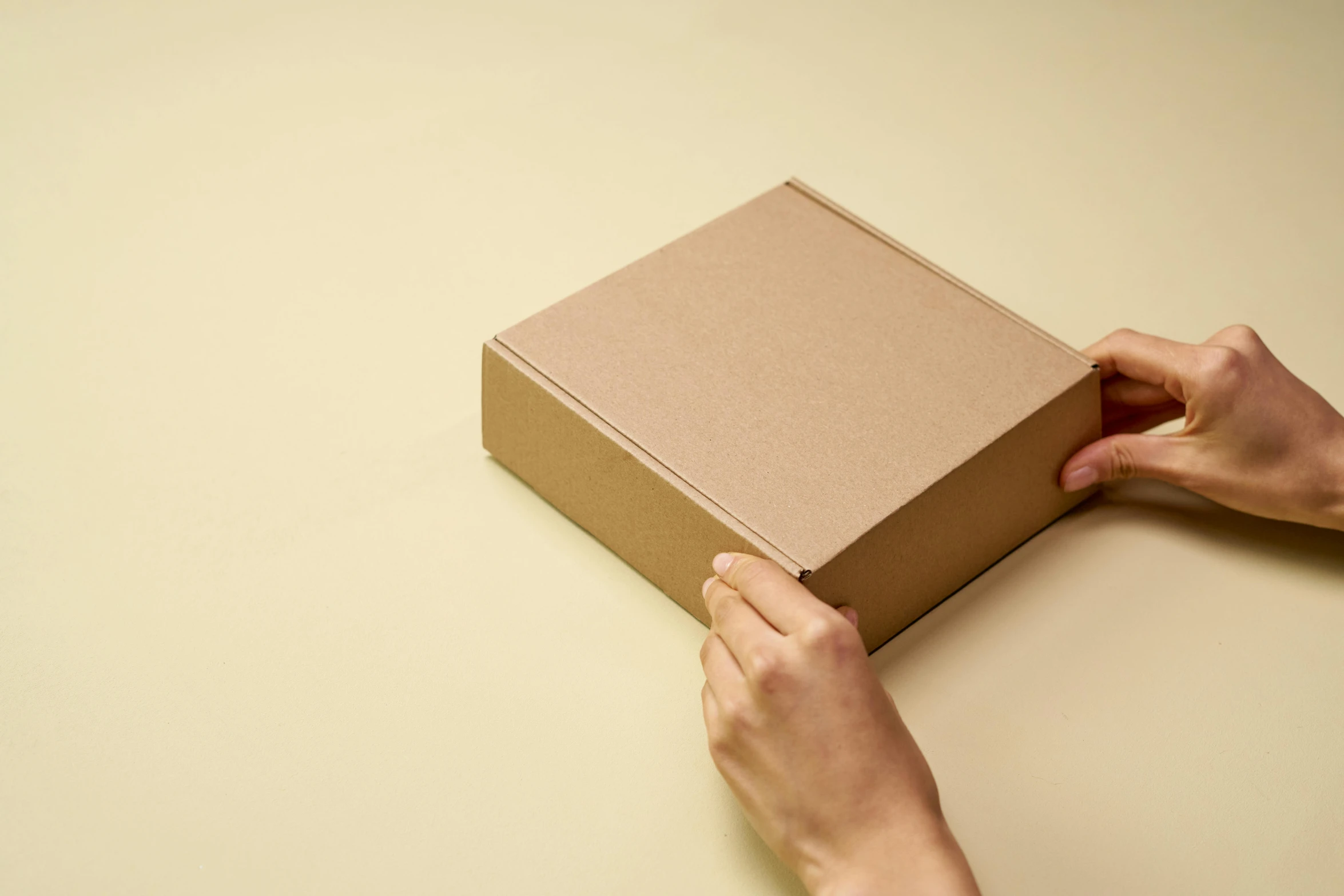 a person holding a box on top of a table, brown, full product shot, smooth panelling, quick assembly