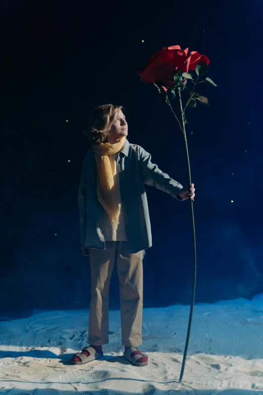 a person standing in the snow holding a rose, an album cover, unsplash, romanticism, performing on stage, teenage boy, movie still, the little prince
