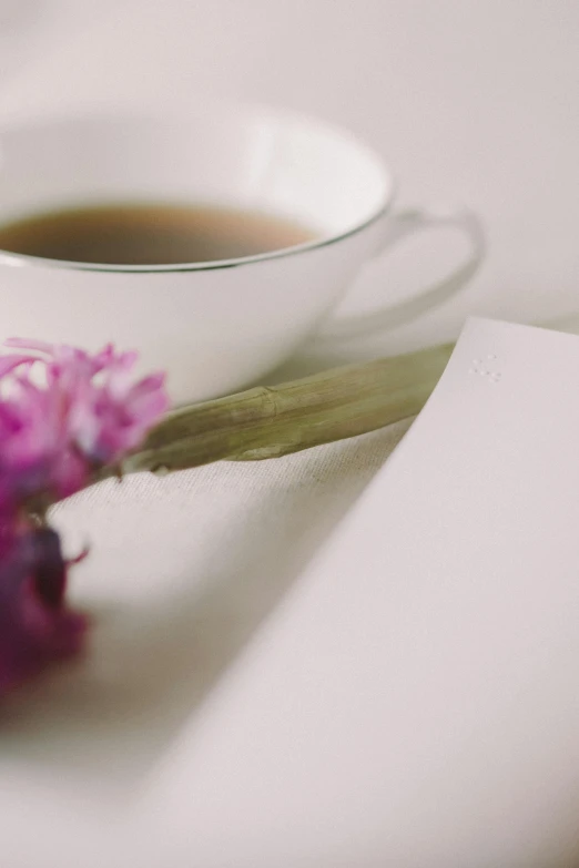 a cup of coffee and a flower on a table, writing a letter, subtle purple accents, promo image, soup