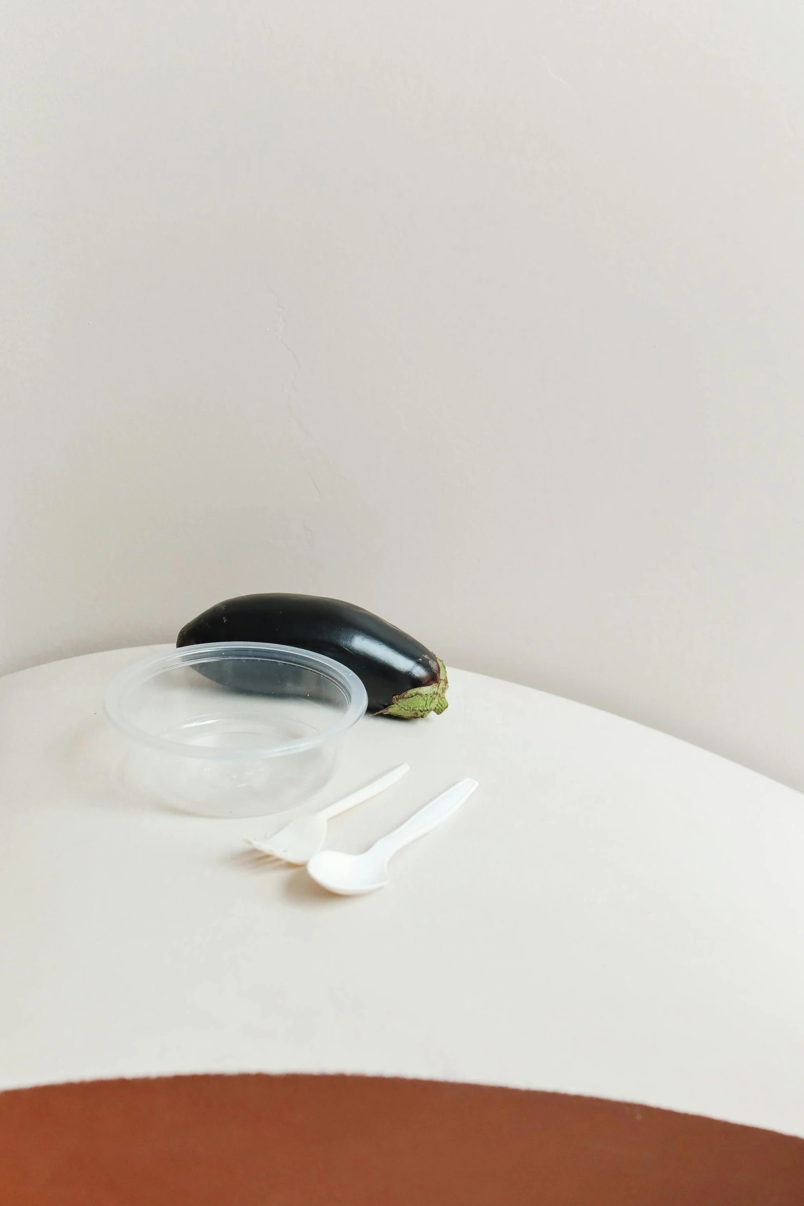 a couple of bananas sitting on top of a table, a still life, by Nina Hamnett, minimalism, eggplant, in plastic, place setting, top lid