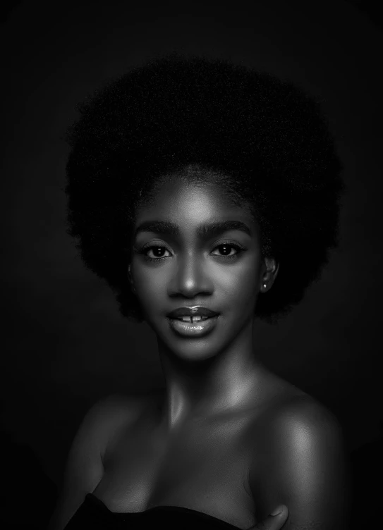 a black and white photo of a woman with an afro, by Lily Delissa Joseph, pexels contest winner, portrait of beautiful girl, deviantart artstation cgscosiety, black background hyperrealism, graceful beauty