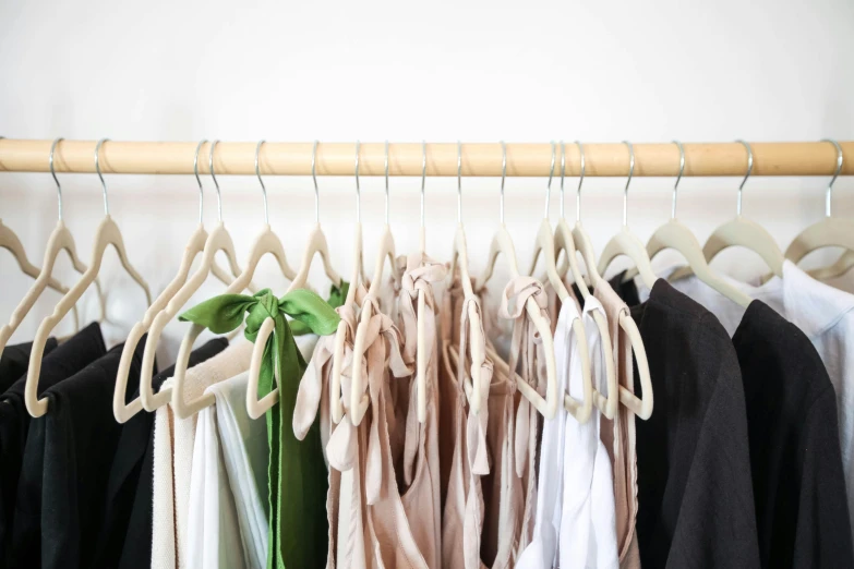 a row of clothes hanging on a rack, by Nicolette Macnamara, pink white and green, office clothes, wearing nothing, presenting wares