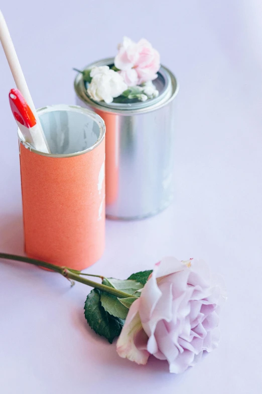 a pink rose sitting next to a cup with a toothbrush in it, unsplash, auto-destructive art, holding a tin can, orange pastel colors, paper craft, silver small glasses