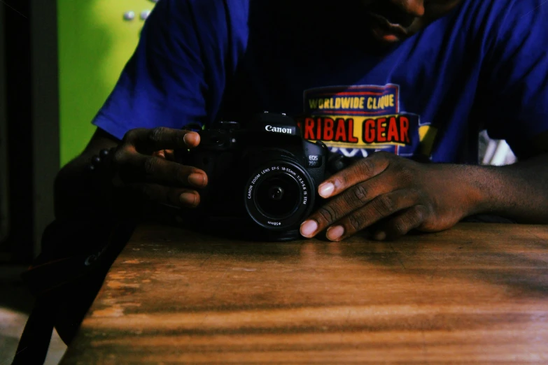 a man sitting at a table holding a camera, on a wooden table